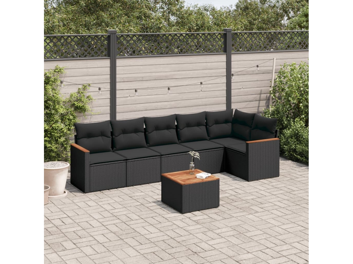 Conjunto de sofá de jardín de 7 piezas con cojines de mimbre negro de DKD Home Decor