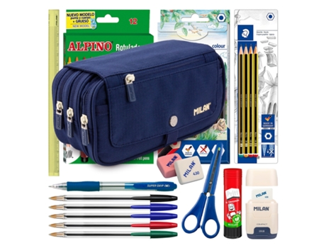 COLEPACK Milan Estuche Triple de 3 Cremalleras Y Material Escolar Incluido. Azul 1918