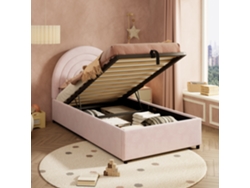 Cama Tapizada En Terciopelo Rosa, De 90x200 Cm, Con Cabecero Y Somier De Láminas, Para Niños, Adolescentes Y Adultos.
