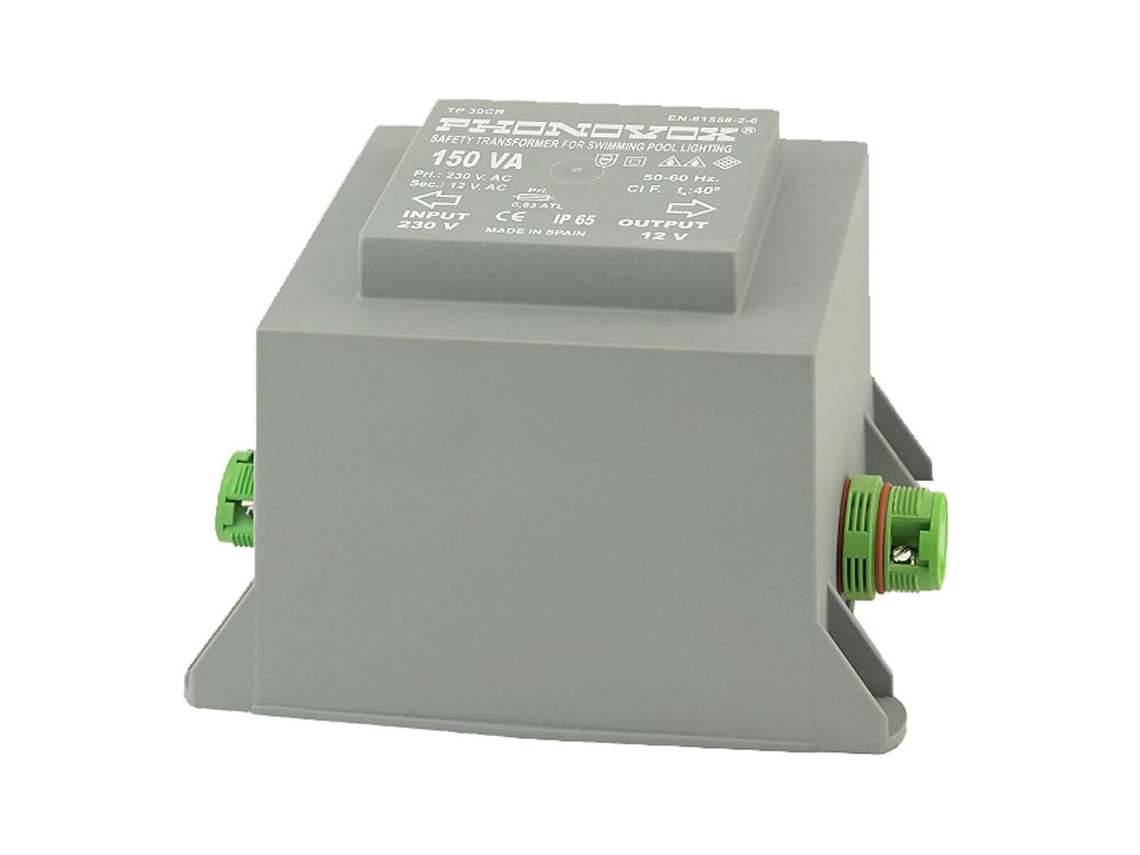 Transformador de seguridad para iluminación de piscinas PHONOVOX tp30103cr 150 VA 12 V 230 V 50-60 Hz 12,9 x 7,2 x 9,9 cm