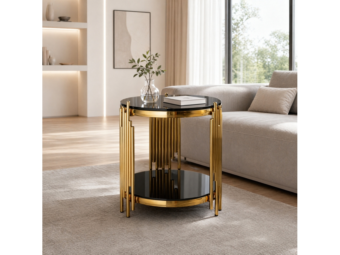 Mesa Auxiliar Redonda, Cristal Negro Y Dorado, Acero, Oficina.