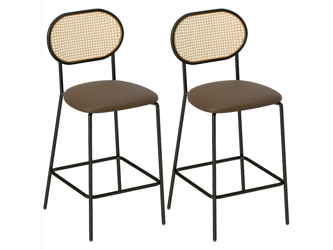 Conjunto 2 Banquetas Altas Com Encosto Rattan Marrom
