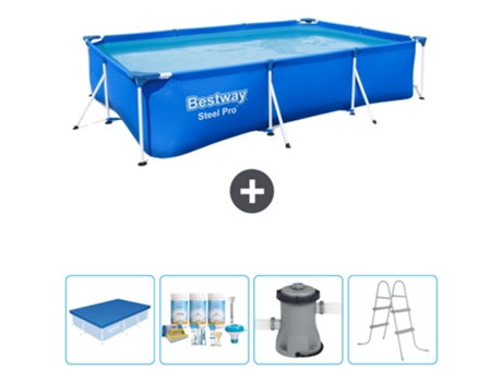 Piscina BESTWAY Rectangular Steel Pro - 300 x 201 x 66 cm - Azul - Incluida Cubrir - Paquete de mantenimiento - Bomba - Escalera