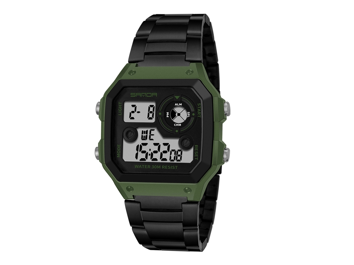 Reloj Deportivo Digital Multifuncional, Resistente Al Agua Hasta 30 M, Negro + Verde Militar