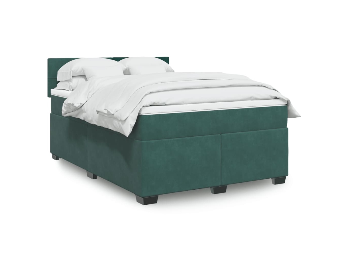 Cama Box Spring Con Colchón Terciopelo Verde Oscuro 140x200 Cm