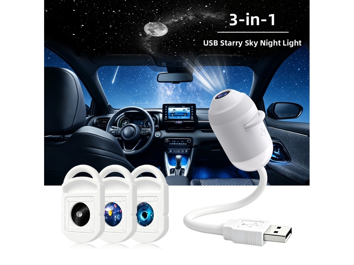 Luz Noturna de Projeção 2 em 1 com 3 Películas Deslizantes, Brilho Ajustável, Usb, para Carro Ou Casa CZHHMART
