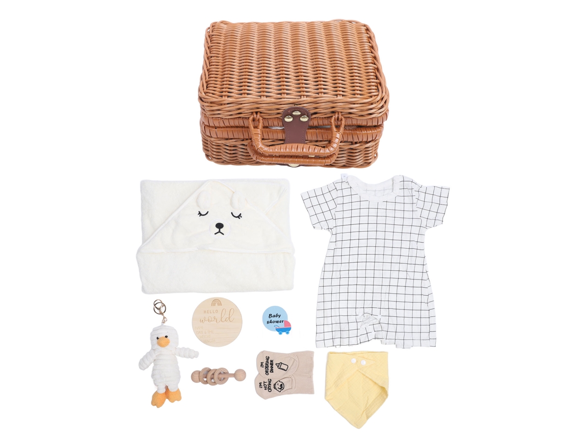 Conjunto De Presentes Para Chá De Bebê Recém-nascido Cestinha Com Roupa Brinquedo Boneca Meias