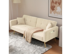 Sofá cama con ángulo ajustable, patas doradas, cojines y bolsillos laterales para almacenamiento.