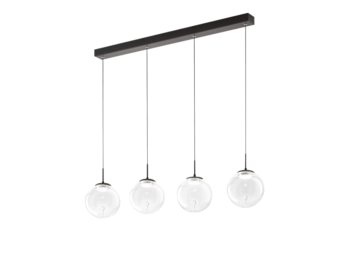 Lámpara colgante Fabas Luce Ariel con 4 luces LED, 28 W regulable, diseño de esfera transparente