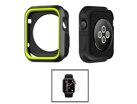 Kit Carcasa de Protección Reforzada + Protector de Hidrogel para Apple Watch Se (2022) 40mm GIFT4ME Negro/Verde Fluorescente