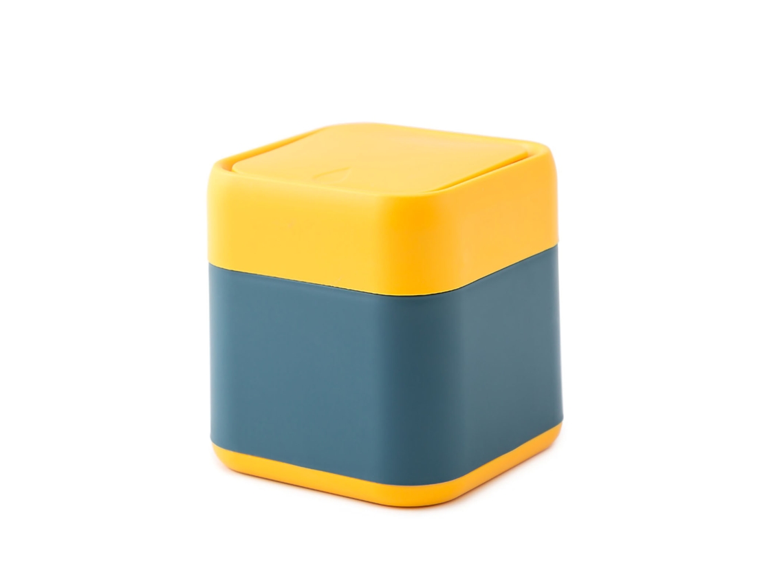 Papelera de mesa mini Baok, amarilla y azul marino, bonita, resistente a caídas, portátil, pequeña con tapa extraíble para coche y hogar con sistema de liberación rápida.