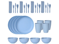 (azul) Juego De Cubiertos De Plástico De 24 Piezas, Que Incluye Platos, Vasos, Cucharas Y Cuchillos.