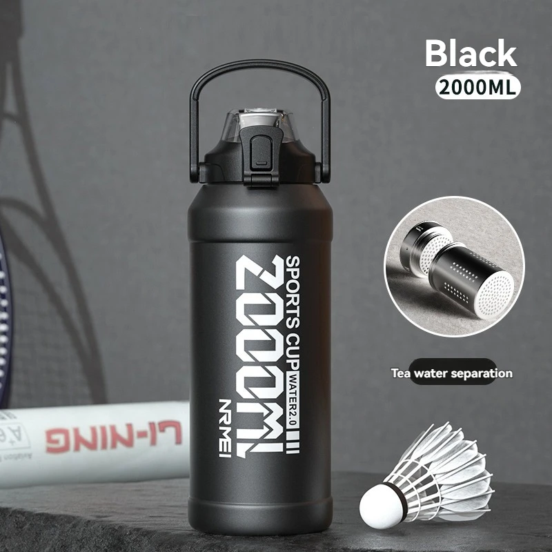 Termo De Acero Inoxidable 316 (negro, 2000 Ml), Con Pajita Y Asa, Gran Capacidad.