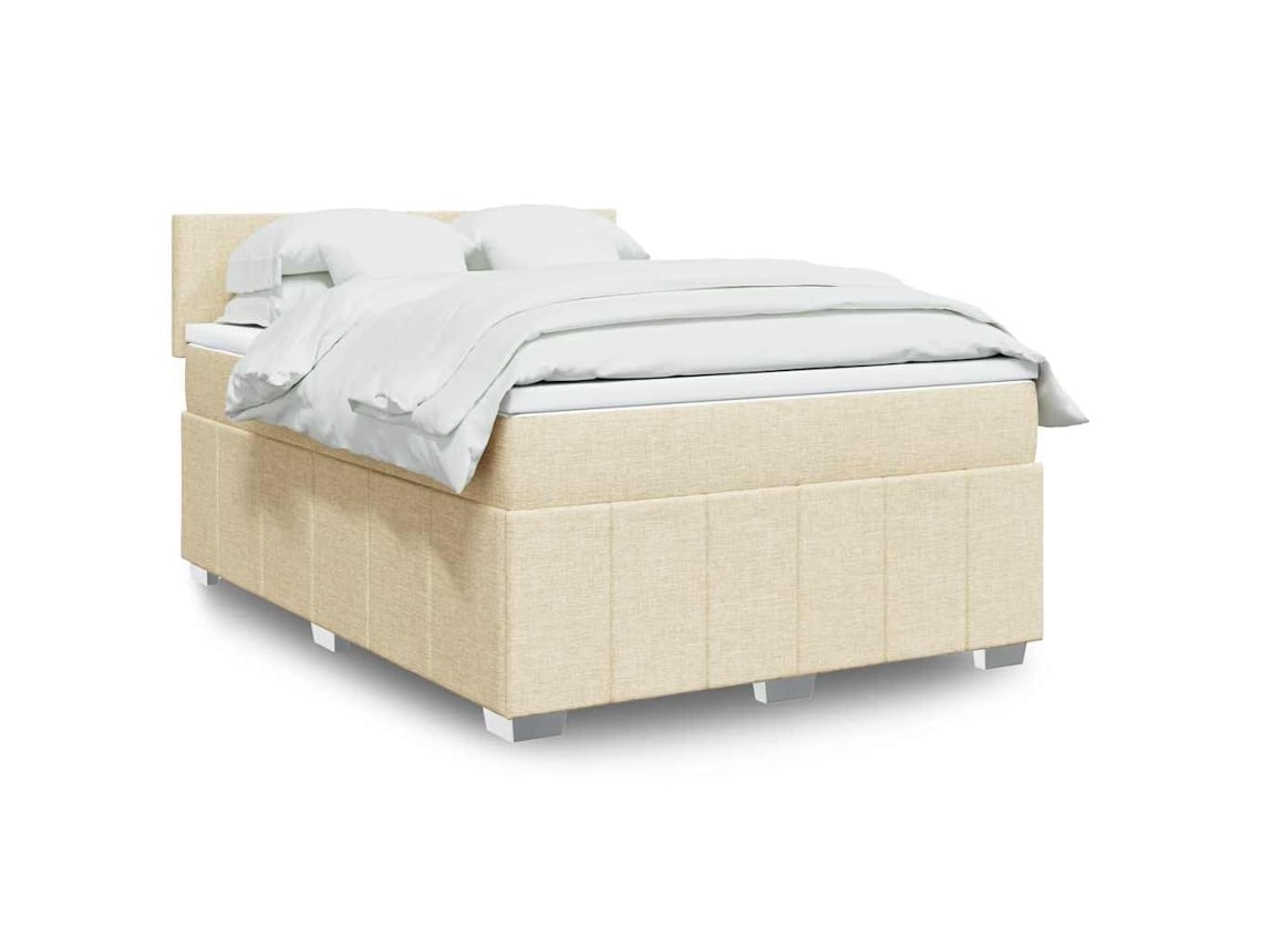 Cama Box Spring Con Colchón Tela Color Crema 140x190 Cm