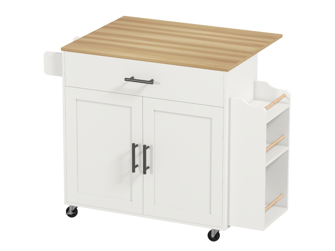 Isla De Cocina, Carrito De Cocina Con Ruedas, Con Encimera Abatible, Cajón, Estante, 120 X 68 X 85 Cm, Blanco
