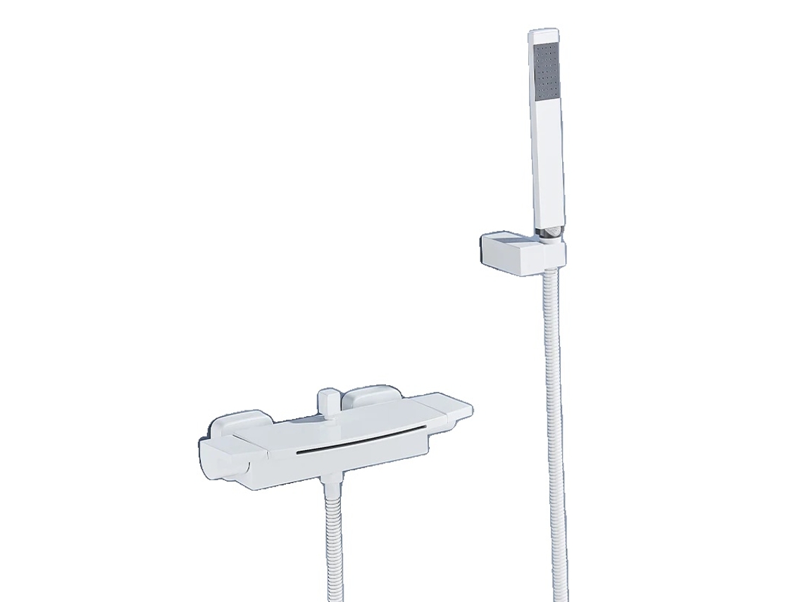 Grifo mezclador de bañera con ducha, control de temperatura de dos manijas, diseño contemporáneo y elegante, blanco