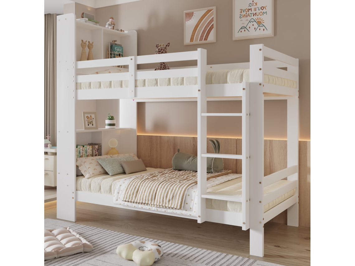 Litera blanca de 90 x 200 cm, estructura de madera maciza, estantes integrados y escalera lateral de 3 niveles.