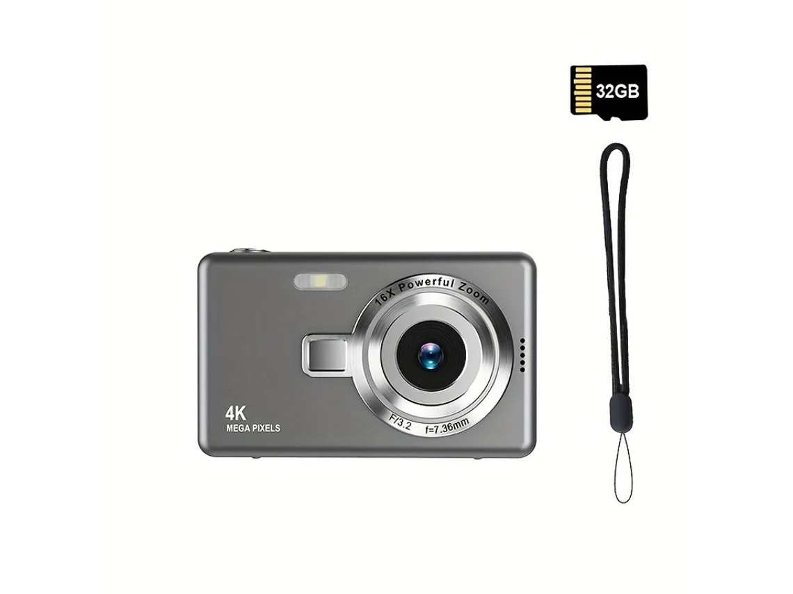 Cámara digital portátil Yizhood 4K HD con enfoque automático, tarjeta de memoria de 32 GB y luz prediseñada (gris)