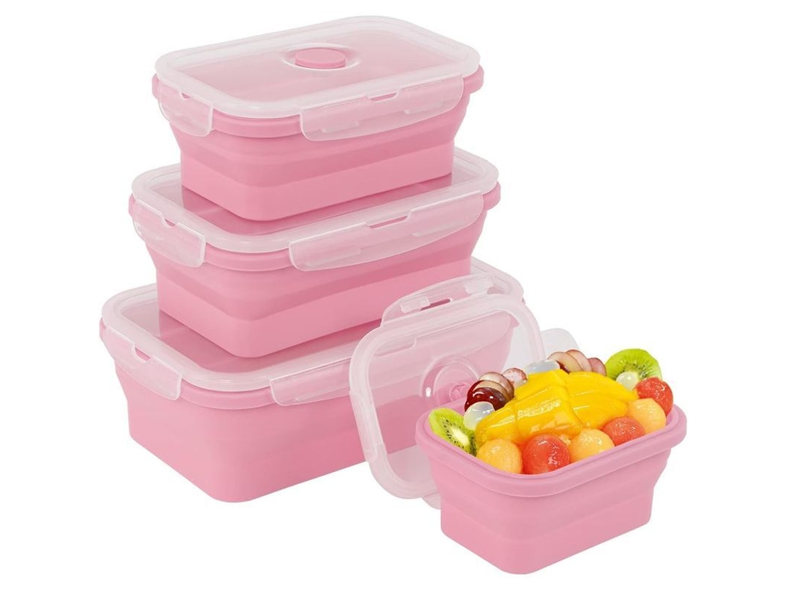 2026da-4 Recipientes De Silicona Plegables Con Tapa, Almacenamiento De Alimentos, Ahorro De Espacio, Microondas, Refrigerador, Rosa