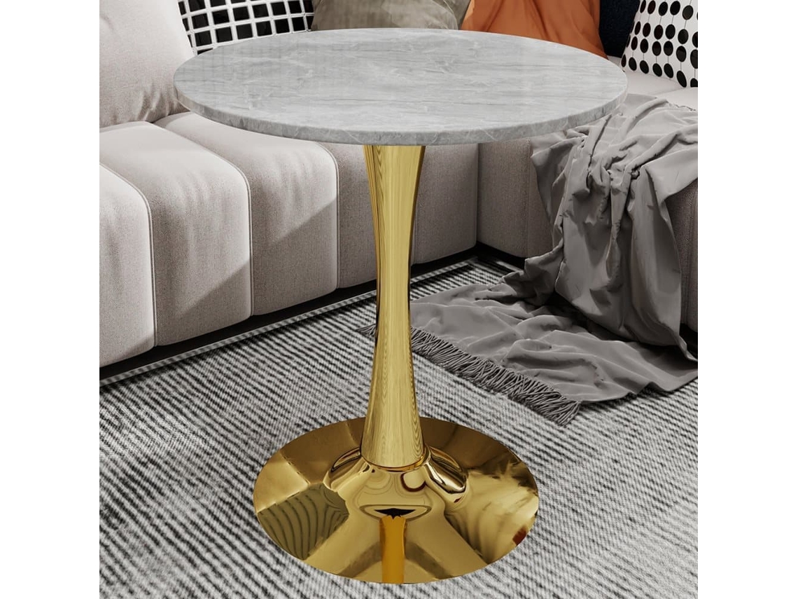 Mesa De Comedor Redonda 70cm - Estilo Mid-century, Mármol Gris Veteado, 2-4 Personas - Dorado