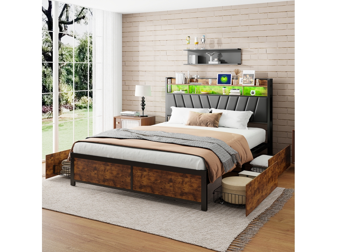 Cama De 160x200 Cm Con 4 Cajones Y Luz Led | Cama Tapizada Con Almacenaje, Estructura De Acero Y Madera | Control Por App, Moderna