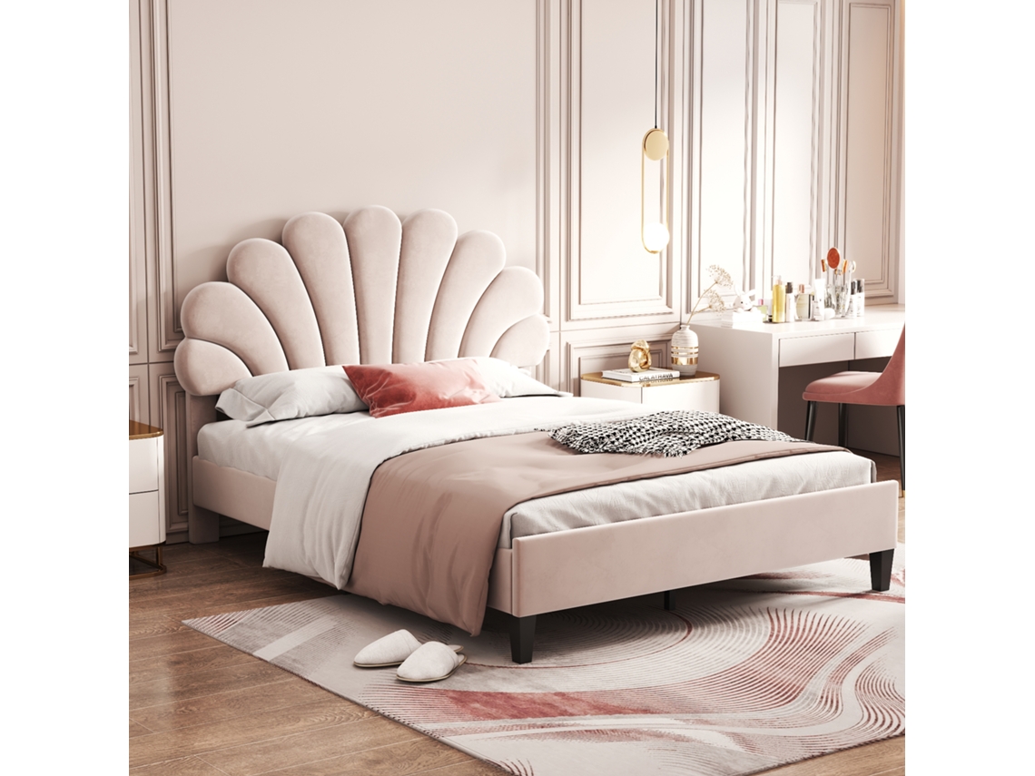 Cama De 140x200 Cm, Terciopelo Floral Beige