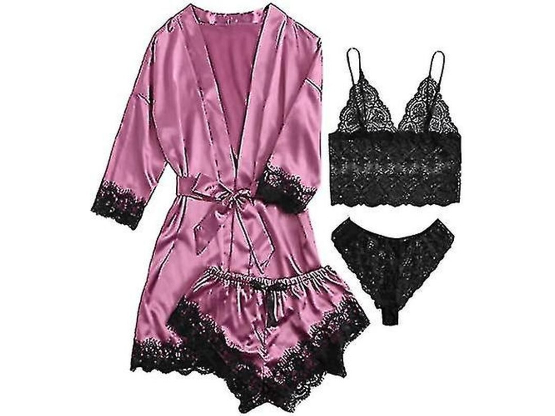 2026-set De Pijama De Seda Con Batista 4 Piezas Para Mujer Con Encaje Floral Y Cinturón