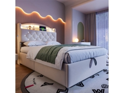 Cama Tapizada Infantil 90x200cm Terciopelo, Elevación Hidráulica, Led, Usb-c, Capacidad 200kg, Sin Colchón, Beige
