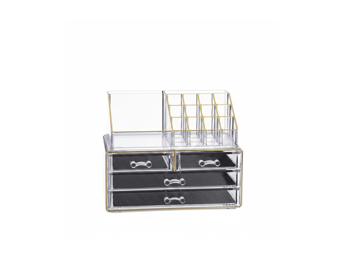 Organizador de maquillaje acrílico Relaxdays, 2 piezas con soporte para labiales y 4 cajones, transparente/dorado