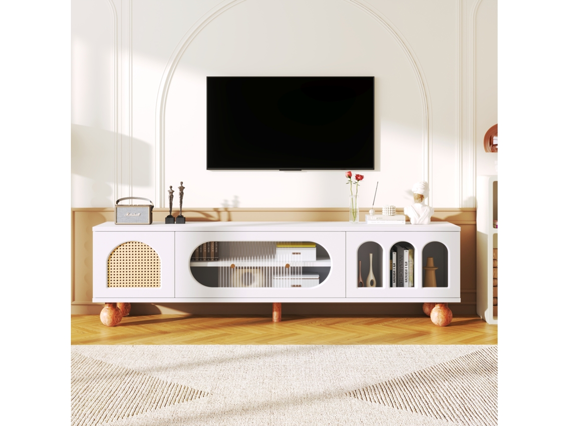 Mueble Para Tv Blanco Y Madera, 170x37x47 Cm, Puertas De Ratán, Puerta Corredera De Vidrio, 3 Arcos, Patas De Madera Maciza, Para Pantalla Grande