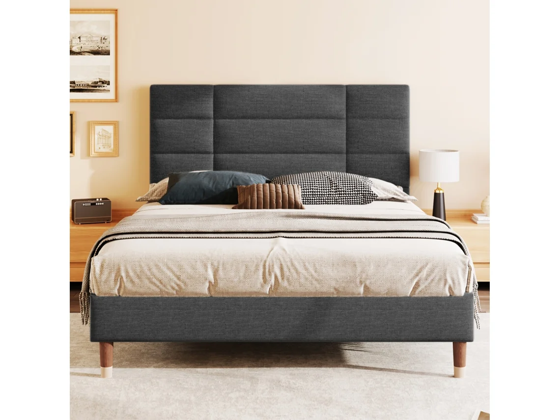 Cama Tapizada, Cama Doble, Estructura De Cama Tapizada De 140x200cm Con Cabecero, De Lino Gris Oscuro, Colchón No Incluido