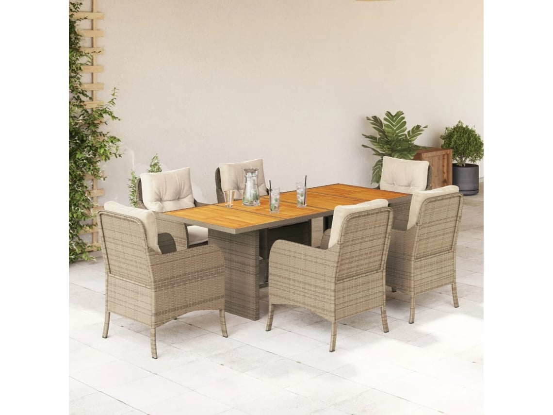 Juego de comedor de jardín de 7 piezas con cojines, mimbre sintético beige, DKD Home Decor