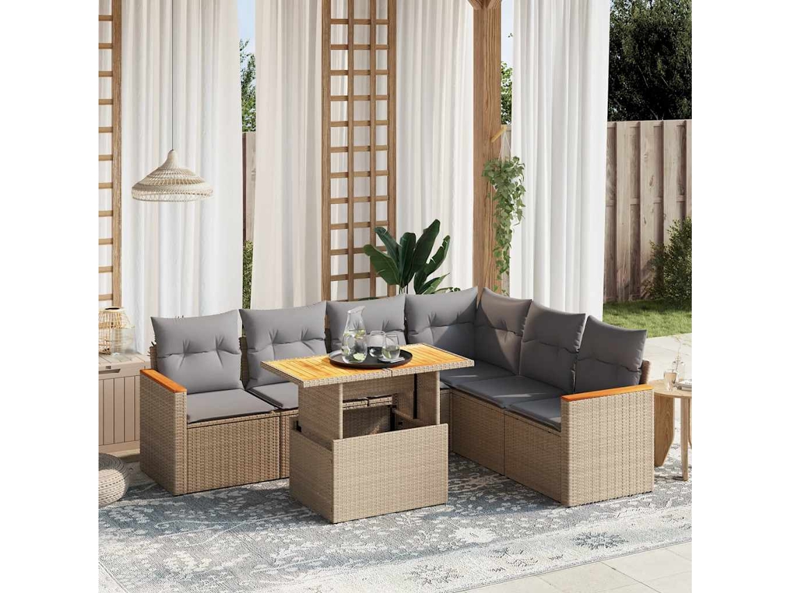 Conjunto de 7 sofás de jardín con cojines de mimbre beige de Dkd Home Decor