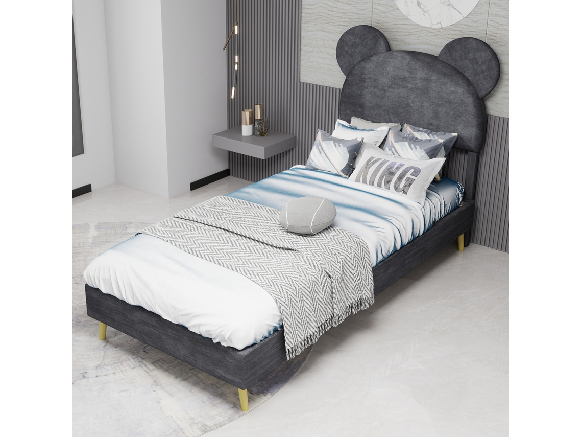 Cama infantil tapizada de 90 x 200 cm con cabecero suave y dibujos animados, base baja, sin almacenaje, gris, Mobrio