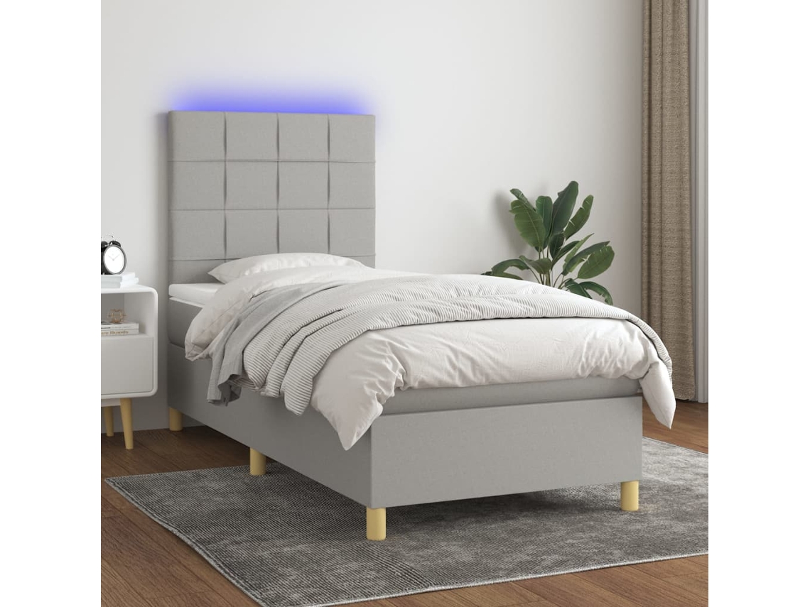 Cama Box Spring Colchón Y Luces Led Tela Gris Claro 80x200 Cm
