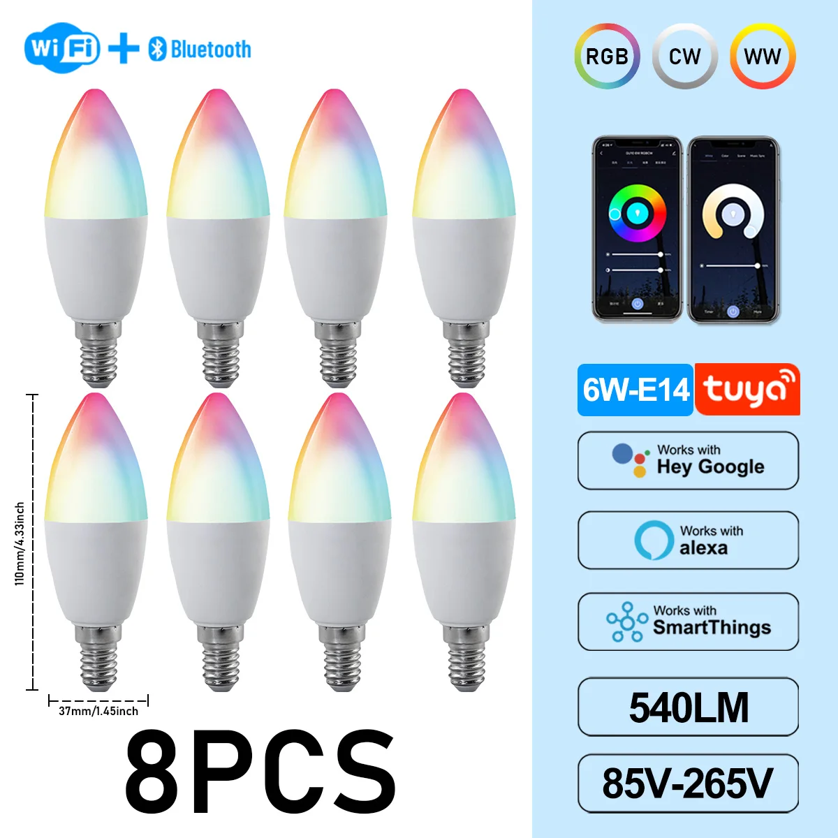 (8 Bombillas, Ac85-265v) Bombillas Led Tipo Vela Graffiti De 6w C37 E14, Control Por Aplicación, Aptas Para Lámparas De Araña De Cristal.