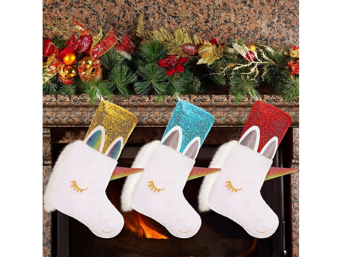 Juego De 3 Calcetines Navideños De Unicornio, De 45 Cm, Confeccionados En Suave Piel Sintética, Decorados Con Lentejuelas, De Diseño Ergonóm