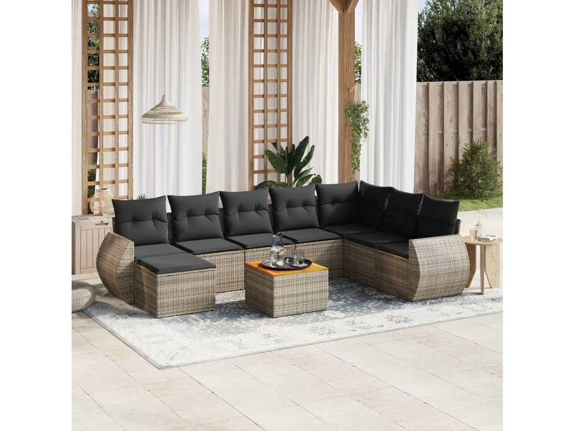 Conjunto de sofá de jardín de 9 piezas con cojines, mimbre gris, DKD Home Decor