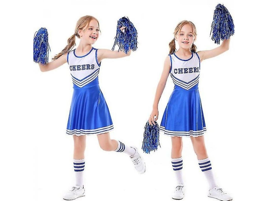 Fantasia de líder de torcida para meninas, modelo 2026, ideal para festas escolares, Halloween e musicais. Tamanho: 110 cm, cor azul.