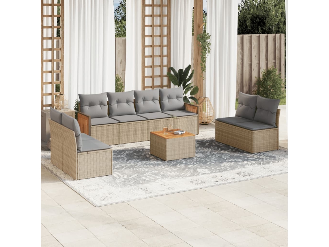 Conjunto de sofá de jardín de 9 piezas con cojines, mimbre sintético beige, Dkd Home Decor