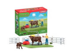Estación de lavado de vacas, set de juego con 1 figura de vaca, 1 ternero y 1 figura humana Schleich 42529 Farm World