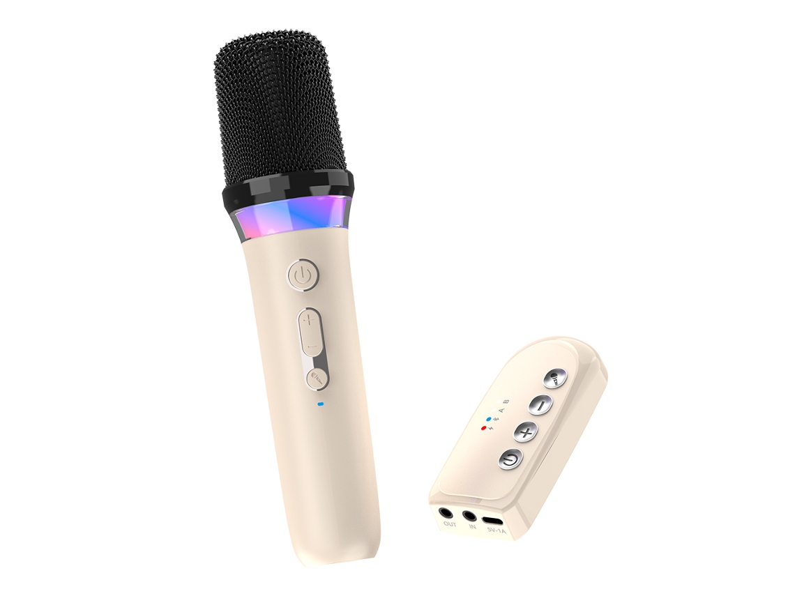 Micrófono de karaoke inalámbrico, amplificador Bluetooth, luces RGB, interfaz auxiliar de 3,5 mm Mdug (conjunto beige)