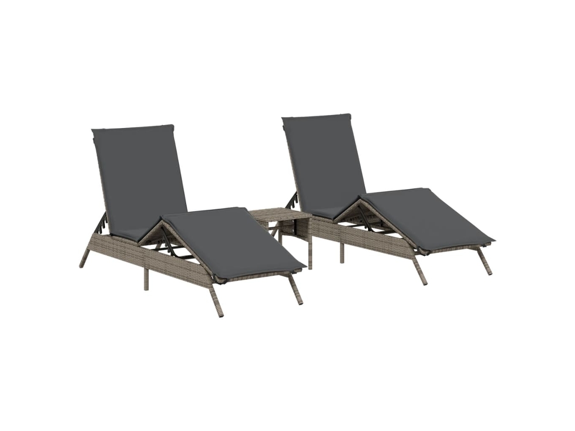 Tumbonas con mesa, 2 piezas, mimbre, patas grises, MAISON EXCLUSIVE
