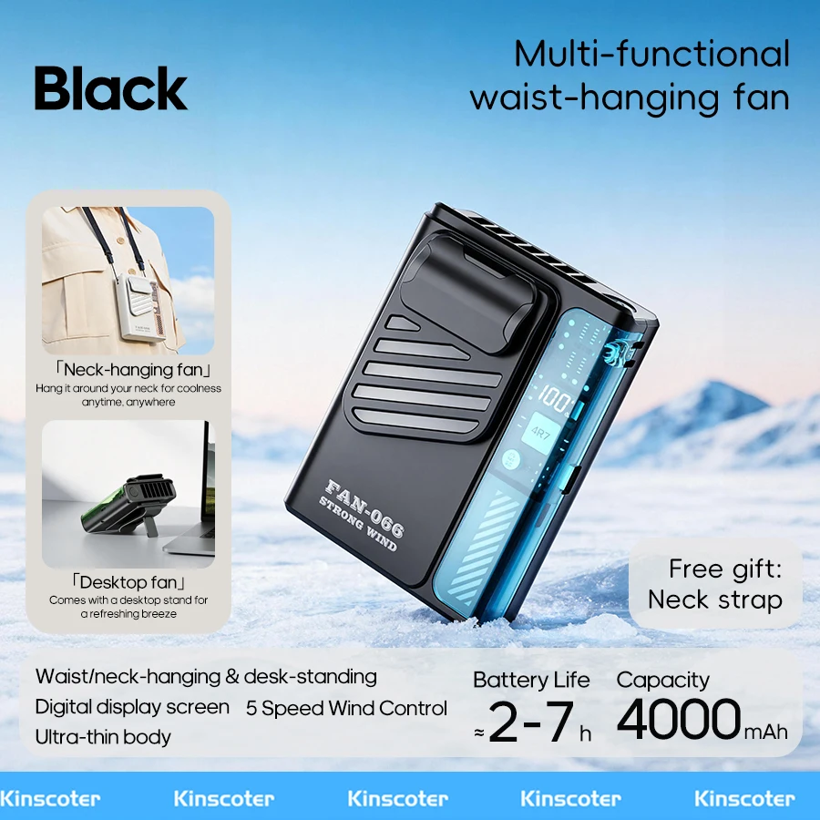 Ventilador Multifuncional De Cintura (negro), Batería De 4000 Mah, Cinco Velocidades De Viento, Con Pantalla Digital.