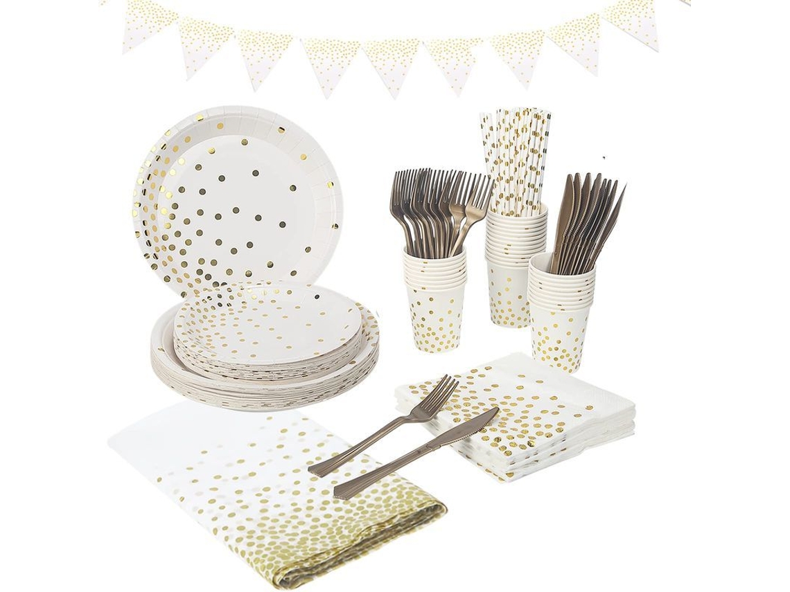 Platos desechables de papel con diseño de puntos dorados - Artículos para fiestas, 81 piezas