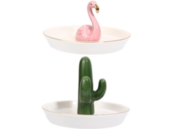 Bandeja De Almacenamiento De Joyas De Porcelana Con Diseño De Flamencos Y Cactus (2 Piezas) Y Elegante Soporte De Exhibición.