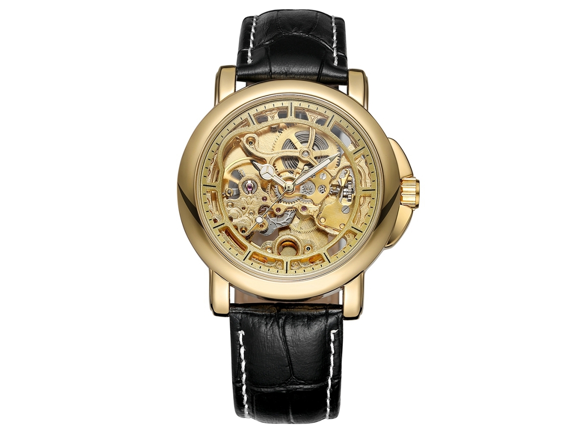 Reloj Mecánico Automático De Moda Para Hombre Con Correa De Piel Sintética (dorado Y Negro)