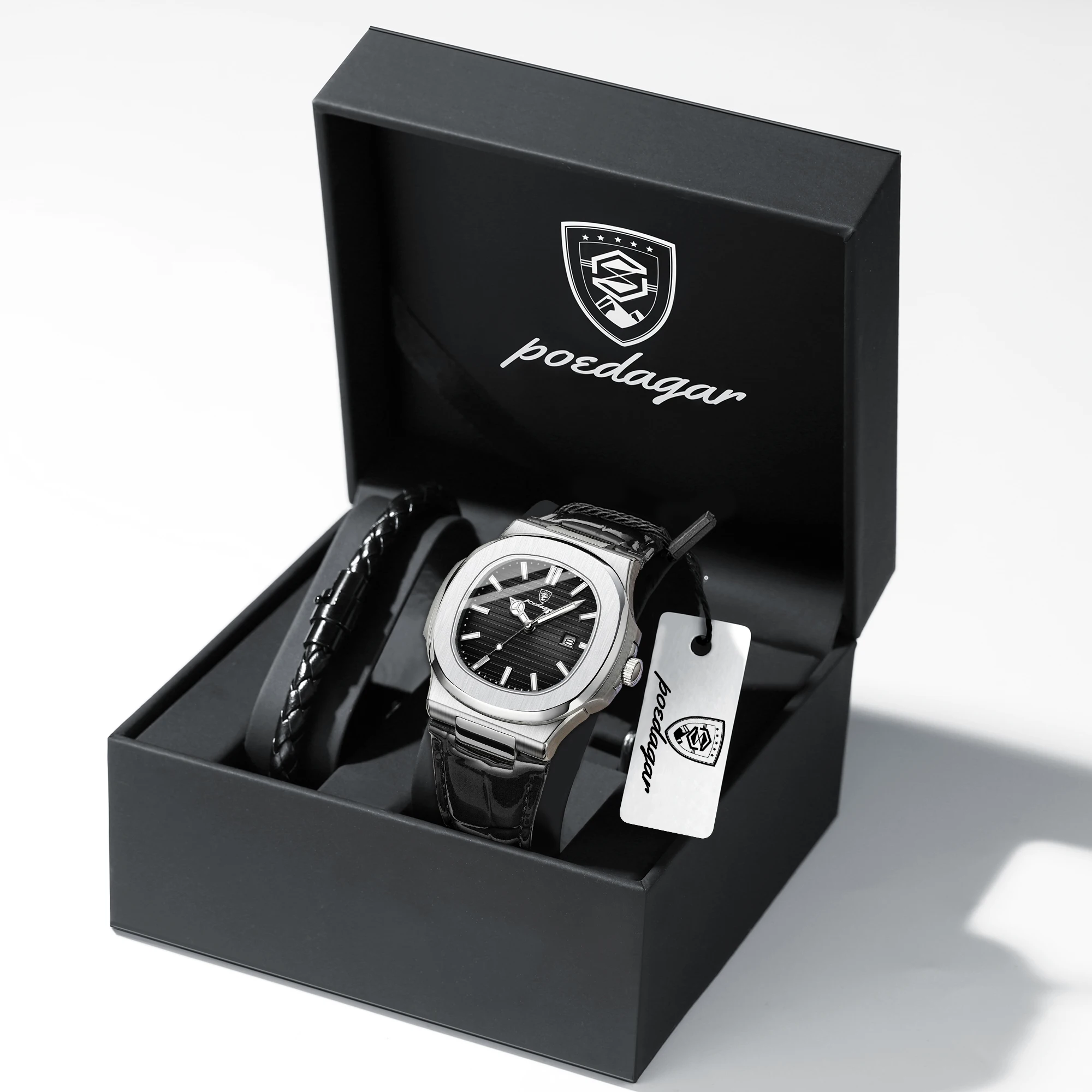 (caja De Plata, Esfera Negra) Reloj De Hombre, Indicación De La Fecha, Resistente Al Agua, Luminoso, Esfera Cuadrada, Correa De Cuero