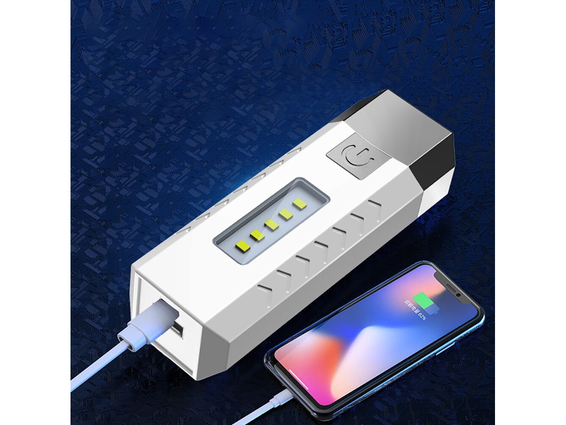 Linterna Led De Tres Fuentes De Luz, 2 Led Y 5 Cob, Recargable Por Usb 18650, Portátil, Impermeable, Con Función De Banco De Energía.