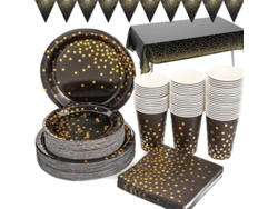 Artículos Para Fiestas En Negro Y Dorado, 66 Piezas. Incluye Platos, Servilletas, Vasos, Mantel Y Pancarta Para Fiestas De Cumpleaños.